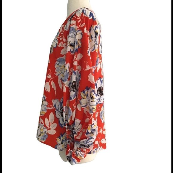 VICI V-Neck Red Floral Print Balloon 3/4 Sleeve Blouse Top - Picture 6 of 7